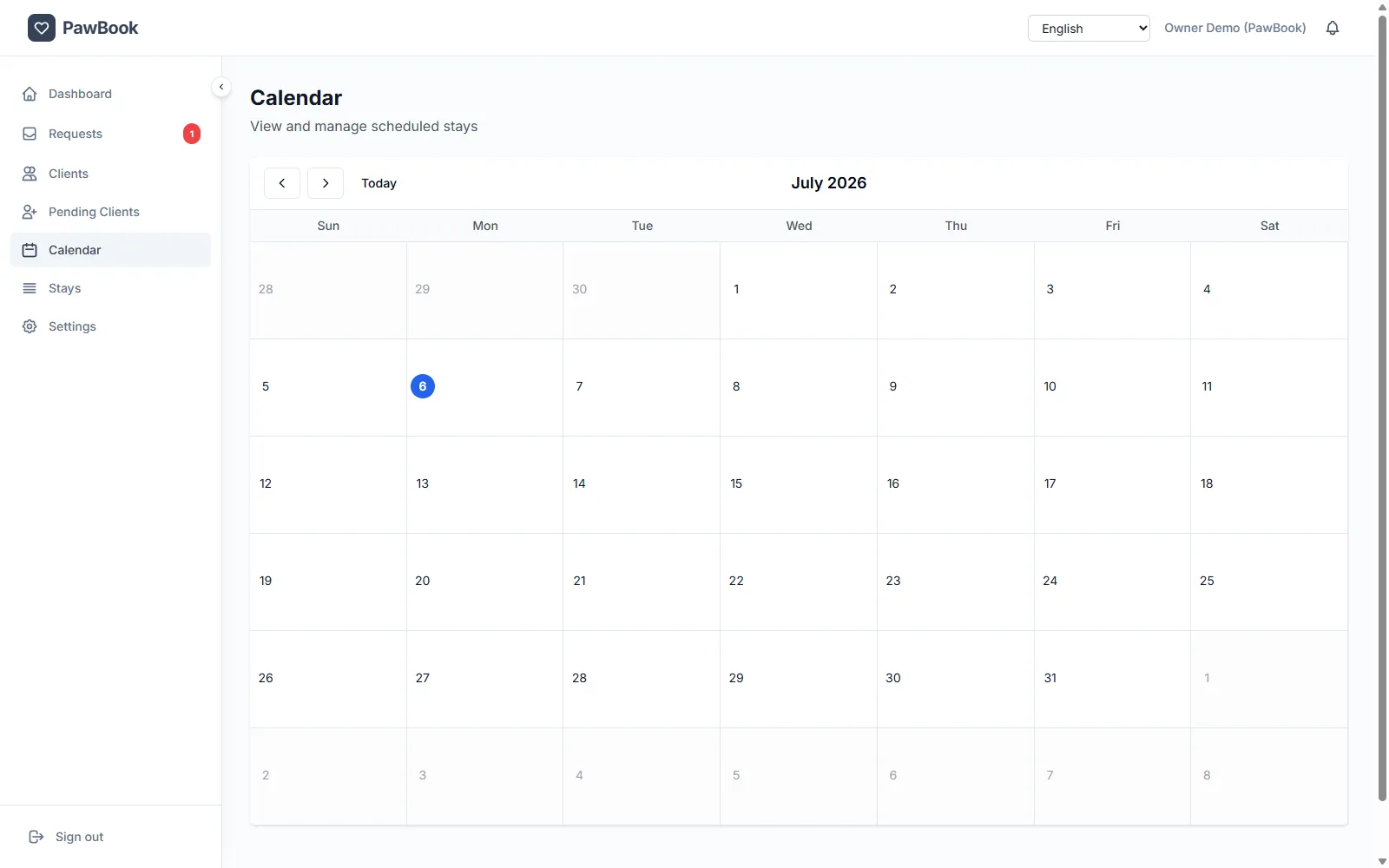 Pawbook stays and booking calendar view